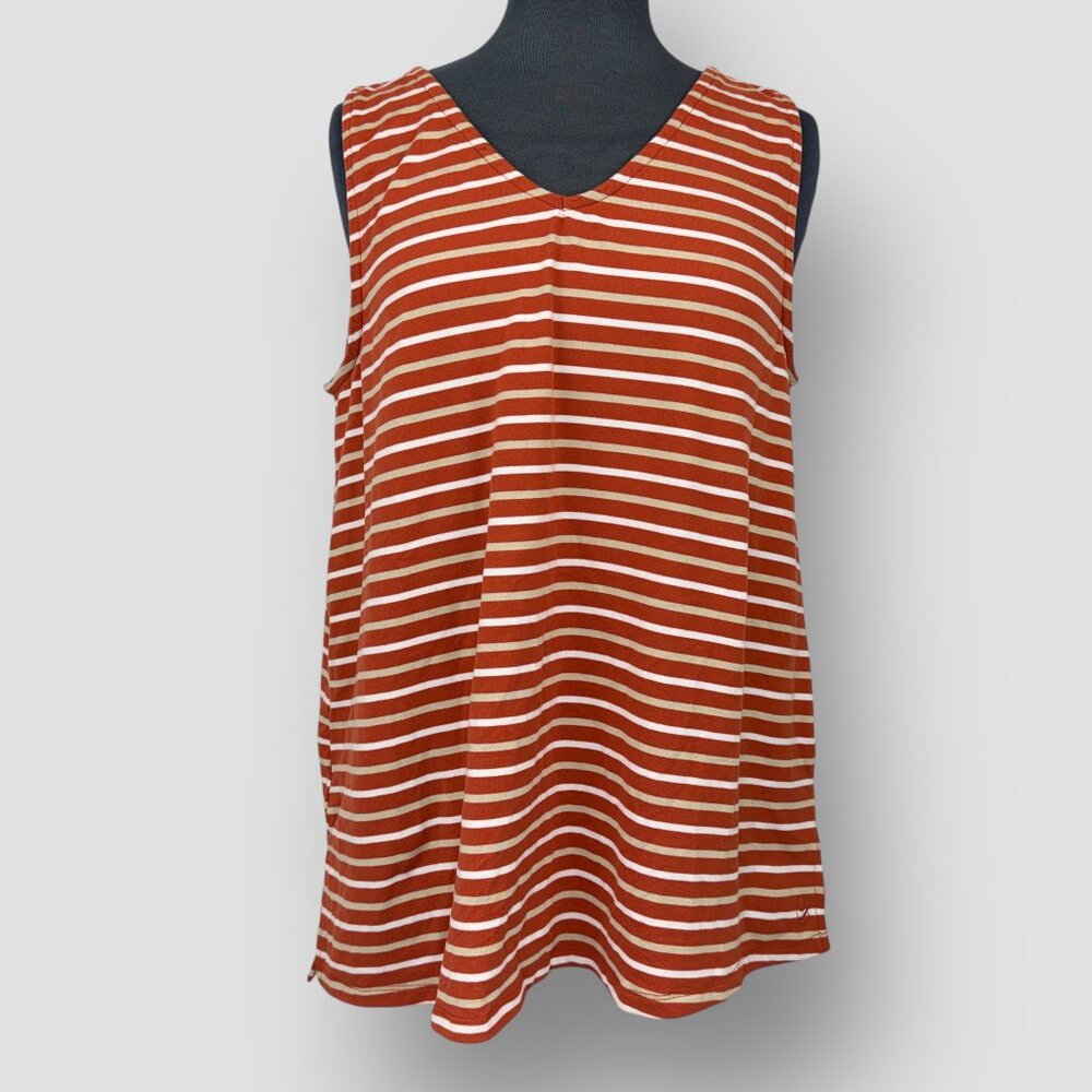 Cuddl Duds Women’s Swing Tunic Tank M Rust White Striped V-Neck Longline Stretch